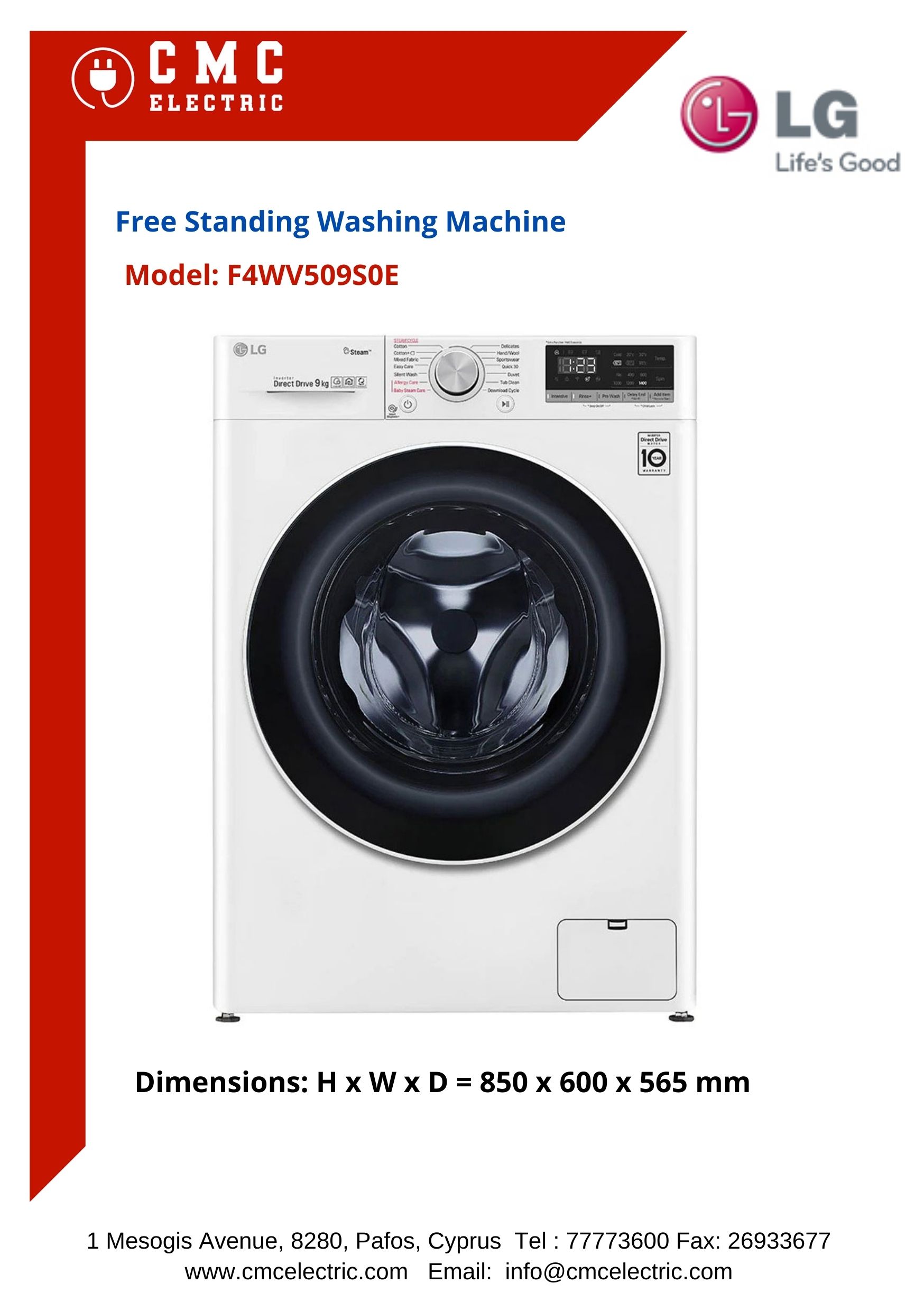 LG F4WV509S0E Free Standing Washing Machine - CMC Electric - Buy ...